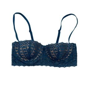 Adore Me Bra Lace Balconette Lightly Padded Longline Underwire Teal Blue 32C
